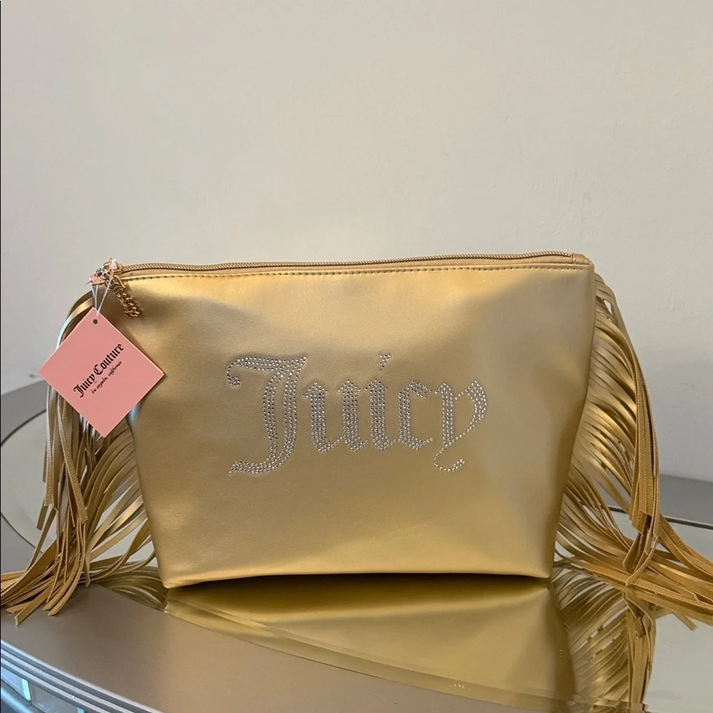 🆕 JUICY COUTURE Gold Fringe Bling Logo Cosmetic Bag Large Makeup Travel Case NWT